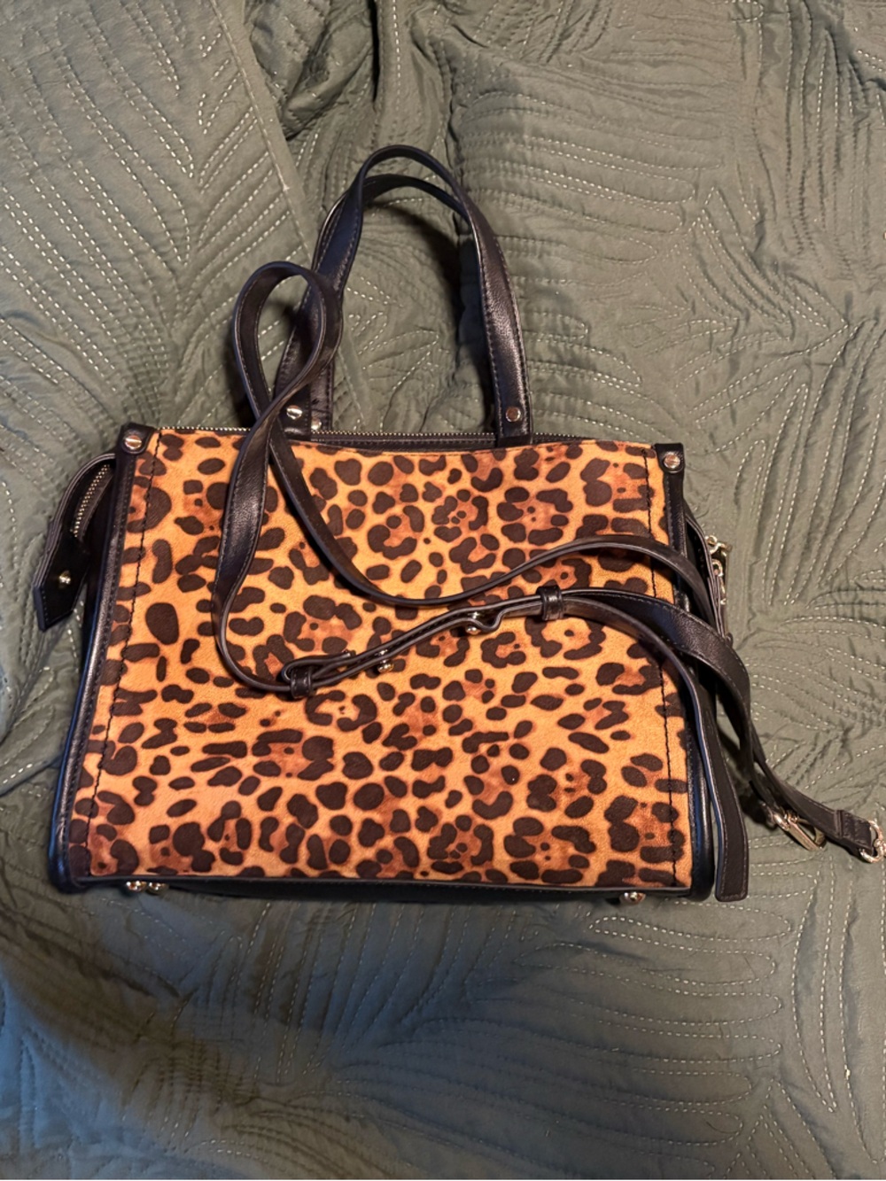 Leopard Print Structured Satchel Handbag - Black Trim